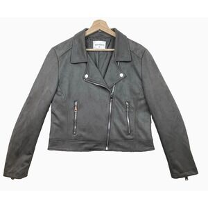 Vigoss Womens Faux Suede Gray Moto Biker Jacket L Short Zippered Cuffs & Pockets